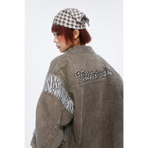 Unisex Jacket Vintage Zebra Pattern Stitching Washed Turn-down Collar Coat